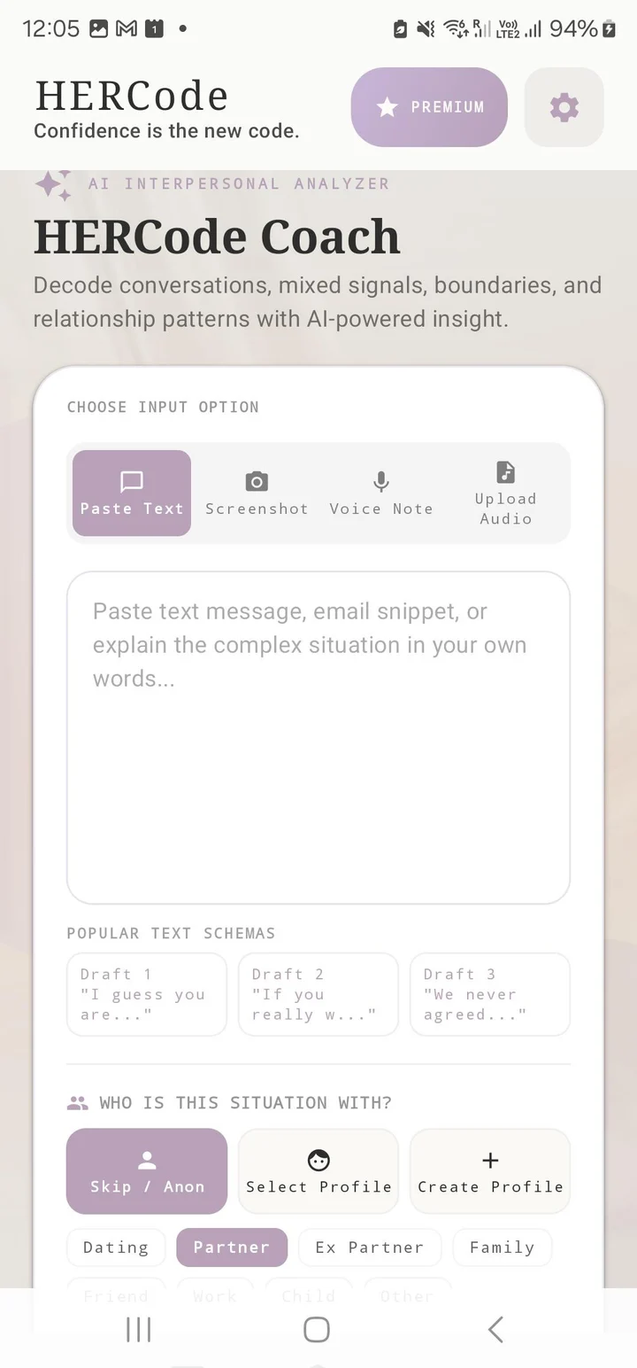 HERCode Coach screen with input options for Paste Text, Screenshot, Voice Note and Upload Audio