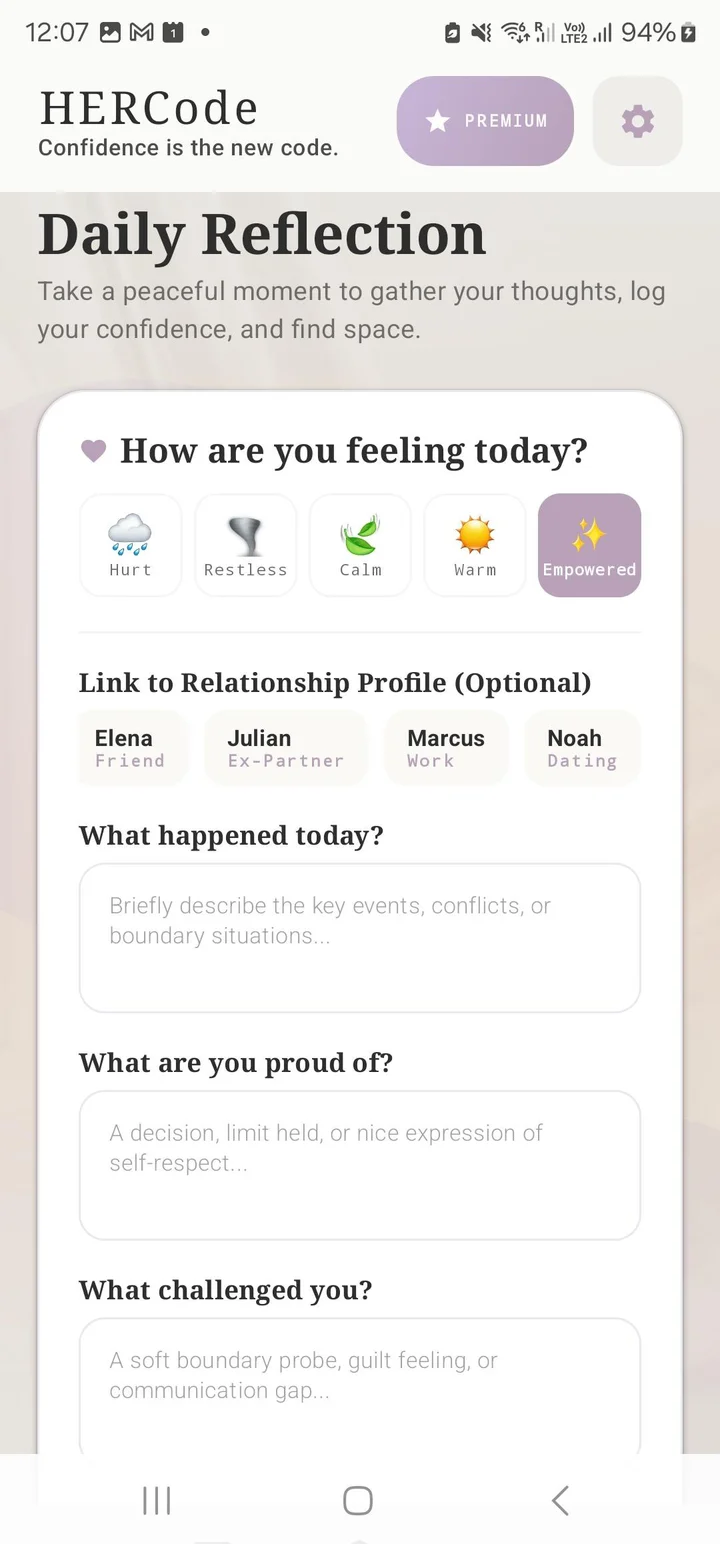 Daily Reflection screen asking how you are feeling today, with relationship profiles and reflection prompts