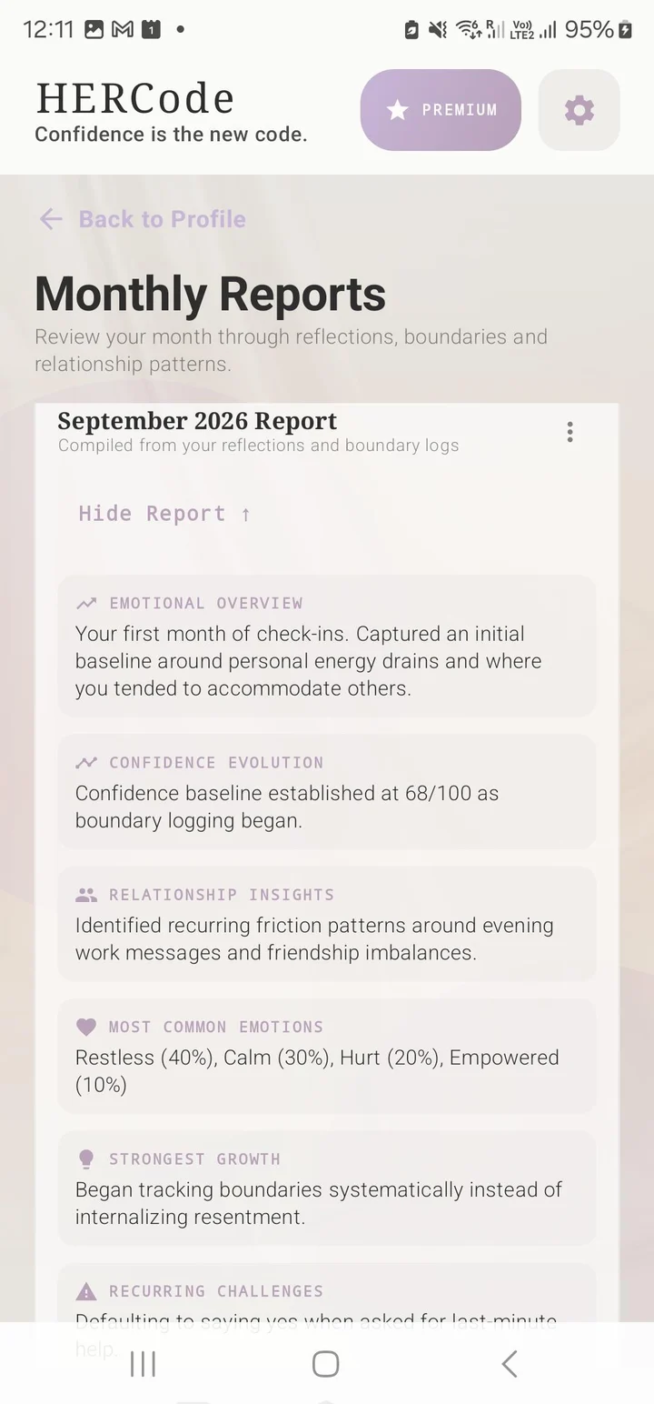 Monthly Reports screen showing the September 2026 report with emotional overview, confidence evolution and relationship insights