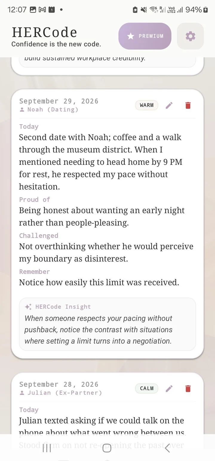 A recorded reflection about a date with Noah, followed by a HERCode Insight responding to that situation